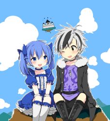 Rule 34 | 1boy, 1girl, :d, ;d, black hair, black jacket, black legwear, black shorts, blue bow, blue dress, blue eyes, blue hair, blue sky, blush, boots, bow, brown eyes, cloud, cross-laced footwear, day, dress, eye contact, fang, frilled legwear, fur-trimmed jacket, fur trim, gloves, grey footwear, grey hair, hair bow, highres, jacket, kamiyoshi rika, lace-up boots, crossed legs, long sleeves, looking at another, multicolored hair, nijisanji, one eye closed, open clothes, open jacket, open mouth, outdoors, outline, puffy short sleeves, puffy sleeves, purple shirt, shirt, short sleeves, shorts, sitting, sky, sleeves past wrists, smile, solo, streaked hair, suzuki masaru, virtual youtuber, white gloves, white legwear, white outline, yuuki chihiro