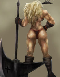 Rule 34 | 1girl, amazon (dragon&#039;s crown), ass, axe, bad id, bad pixiv id, blonde hair, boots, dragon&#039;s crown, feathers, from behind, gloves, halberd, morofry, muscular, muscular female, polearm, simple background, solo, thong, weapon