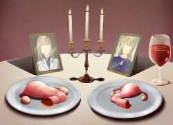 2girls absurdres alcohol candlestand cannibalism cervix cup death drinking_glass food guro highres love_live! love_live!_school_idol_project minami_kotori minami_kotori&#039;s_mother mother_and_daughter multiple_girls picture_frame plate table uterus wine wine_glass