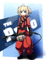Rule 34 | 1girl, ahoge, androgynous, bad id, bad pixiv id, belt, belt pouch, black gloves, blonde hair, blue eyes, blush, bodysuit, boots, canister, cosplay, elbow gloves, explosive, eyes visible through hair, flamethrower, flat chest, frown, gloves, grenade, hair intakes, highres, kazakura, parted bangs, pouch, pyro (tf2), red pyro (tf2), reverse trap, shadow, short hair, short twintails, solo, standing, suspenders, team fortress 2, turtleneck, twintails, weapon