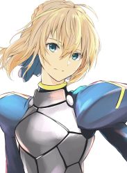 Rule 34 | 1girl, ahoge, armor, armored dress, artist request, artoria pendragon (all), artoria pendragon (fate), bad id, bad pixiv id, blonde hair, blue dress, blue eyes, blue ribbon, braid, breastplate, closed mouth, dress, fate/stay night, fate (series), hair between eyes, hair bun, hair ribbon, highres, juliet sleeves, long sleeves, looking at viewer, puffy sleeves, ribbon, saber (fate), short hair, simple background, single hair bun, smile, smug, solo, upper body, white background