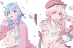 Rule 34 | 2girls, animal ears, bang dream!, blonde hair, blue hair, braid, cat ears, cat tail, cup, floating, floating object, hair ornament, hairclip, hat, highres, kyudoli, light blue hair, long hair, looking at viewer, matsubara kanon, multiple girls, open mouth, purple eyes, rabbit ears, shirasagi chisato, shirt, stuffed toy, sweater, tail, teacup, white background, white shirt