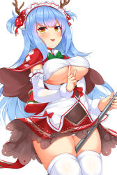 Rule 34 | 1girl, :p, absurdres, antlers, azur lane, between legs, blue hair, blush, bow, breasts, brown eyes, clothing cutout, commentary request, covered navel, cowboy shot, daichi (tokoya), detached sleeves, fake antlers, frilled hairband, frills, hair bow, hairband, highres, holding, horns, large breasts, long hair, looking at viewer, miniskirt, neptune (azur lane), neptune (princess of the reindeers) (azur lane), panties, panty peek, red bow, red skirt, shirt, simple background, skindentation, skirt, smile, solo, standing, thick thighs, thighhighs, thighs, tongue, tongue out, two side up, underboob, underboob cutout, underwear, very long hair, white background, white panties, white shirt, white thighhighs
