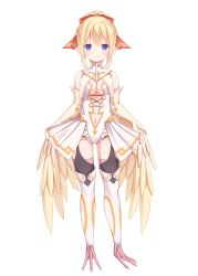 Rule 34 | 1girl, absurdres, animal feet, bare shoulders, bird legs, black thighhighs, blonde hair, blue eyes, blush, breast cutout, breasts, clothing cutout, commentary, english commentary, feathered wings, feathers, hair ribbon, harpy, highres, indie virtual youtuber, kulori, leotard, mavia (vtuber), medium breasts, monster girl, navel, navel cutout, pink thighhighs, pleated skirt, red ribbon, ribbon, second-party source, simple background, skirt, sleeveless, solo, tachi-e, talons, thighhighs, virtual youtuber, white background, white leotard, white skirt, white thighhighs, winged arms, wings, yellow feathers, yellow wings