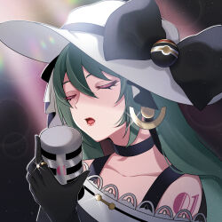 Rule 34 | 1girl, black bow, black choker, black gloves, bow, choker, closed eyes, creatures (company), dark miku (project voltage), earrings, game freak, gloves, green hair, hat, hat bow, hatsune miku, highres, jewelry, luxury ball, microphone, music, nintendo, off shoulder, poke ball, pokemon, project voltage, ring, sani (saaanii), singing, twintails, vocaloid