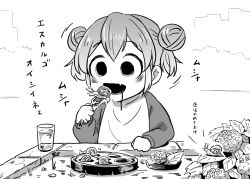 Rule 34 | 1girl, 4shi, aged down, bib, blood, blood on face, commentary request, dango-chan (4shi), double bun, eating, fang, fork, greyscale, hair between eyes, hair bun, highres, holding, holding fork, hollow eyes, long sleeves, monochrome, open mouth, original, short hair, snail, solo, translation request