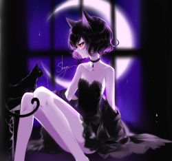 Rule 34 | 1girl, absurdres, animal ear fluff, animal ears, artist name, ass, bare legs, bare shoulders, black cat, black choker, black dress, black hair, breasts, cat, cat ears, choker, collarbone, commentary, convenient leg, crescent moon, detached sleeves, dress, eyelashes, feet out of frame, highres, indoors, knees up, looking at animal, moon, night, night sky, original, profile, red eyes, sheya, short dress, signature, sky, small breasts, strapless, strapless dress, thighs, window