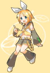 Rule 34 | 1girl, aqua eyes, bad id, bad pixiv id, blonde hair, detached sleeves, food, fruit, hair ornament, hair ribbon, hairclip, index finger raised, kagamine rin, midriff, open mouth, orange (fruit), orange theme, ribbon, short hair, shorts, simple background, smarttiger, smile, solo, vocaloid, yellow background