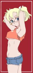 Rule 34 | 1girl, armpits, arms behind back, arms up, blonde hair, blue eyes, blush, breasts, denim, denim shorts, covered erect nipples, glasses, long image, medium breasts, midriff, mousen, short hair, shorts, solo, tall image, tank top, twintails, underboob, yoshi (pixiv)