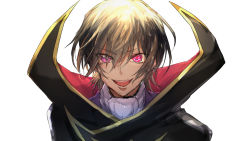 Rule 34 | 1boy, :d, black cape, brown hair, cape, code geass, geass, heterochromia, highres, lelouch vi britannia, looking at viewer, male focus, open mouth, pink eyes, red eyes, short hair, simple background, smile, solo, sumi otto, vocaloid, white background