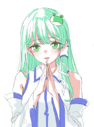 Rule 34 | 0002koko, 1girl, absurdres, bare shoulders, blush, collared shirt, commentary request, detached sleeves, eyelashes, frog hair ornament, green eyes, green hair, hair between eyes, hair ornament, hair over shoulder, hands up, highres, kochiya sanae, lips, long hair, long sleeves, looking at viewer, nontraditional miko, open mouth, own hands clasped, own hands together, shirt, sidelocks, simple background, sleeveless, sleeveless shirt, smile, snake hair ornament, solo, straight-on, straight hair, touhou, tsurime, upper body, white background, white shirt, wide sleeves