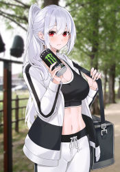 Rule 34 | 1girl, bag, black shirt, blurry, blurry background, blush, breasts, can, cardigan, cleavage, closed mouth, cowboy shot, crop top, drawstring, drink, duffel bag, fence, hair between eyes, highres, holding, holding can, holding drink, large breasts, lebring, long hair, long sleeves, looking at viewer, midriff, monster energy, navel, open cardigan, open clothes, original, outdoors, pants, ponytail, red eyes, shirt, shoulder bag, sidelocks, solo, sports bra, tank top, tree, two-tone sweater, white hair, white pants, yoga pants