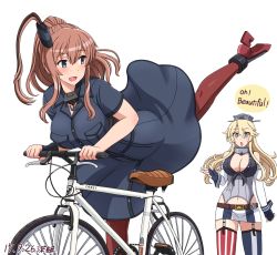 Rule 34 | 10s, american flag legwear, bad id, bad pixiv id, bicycle, blue eyes, breast pocket, breasts, brown hair, dated, dress, english text, fingerless gloves, gloves, headgear, iowa (kancolle), kantai collection, large breasts, long hair, neckerchief, open mouth, pocket, ponytail, saratoga (kancolle), shin&#039;en (gyokuro company), side ponytail, star-shaped pupils, star (symbol), striped clothes, striped thighhighs, surprised, symbol-shaped pupils, thighhighs, vertical-striped clothes, vertical-striped thighhighs