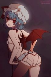 Rule 34 | 1girl, absurdres, ass, backless panties, bat wings, blue hair, blush, bra, dark background, fang, frilled bra, frills, hat, highres, looking at viewer, looking back, mob cap, mole, mole on ass, mole on body, open mouth, panties, pointy ears, red eyes, remilia scarlet, ribbon, shiny skin, short hair, shoulder blades, simple background, solo, touhou, underwear, white bra, wings