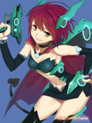 Rule 34 | 1girl, black thighhighs, blue background, breasts, choker, cleavage, collarbone, cowboy shot, demon tail, detached sleeves, gun, hair between eyes, hand on own hip, holding, holding gun, holding weapon, junketsu duelion, looking at viewer, medium breasts, navel, open mouth, red hair, revealing clothes, short hair, simple background, solo, standing, stomach, tail, thighhighs, weapon, yangsion, yellow eyes