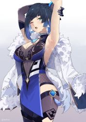 Rule 34 | 1girl, absurdres, armpit crease, armpits, arms behind head, black gloves, black legwear, blue dress, blue hair, bob cut, bracelet, breasts, diagonal bangs, dice, dress, earrings, elbow gloves, fur-trimmed jacket, fur trim, genshin impact, gloves, green eyes, highres, jacket, jacket on shoulders, jewelry, large breasts, looking at viewer, mole, mole on breast, multicolored hair, mush (mushlicious), neck tassel, open mouth, pelvic curtain, presenting armpit, short hair, single elbow glove, sleeveless, sleeveless dress, smile, sweat, two-tone hair, vision (genshin impact), white jacket, yelan (genshin impact)