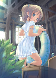 Rule 34 | 1girl, absurdres, arm ribbon, ass, back, blue eyes, blurry, blush, crate, depth of field, dress, from behind, from below, highres, holding, industrial pipe, innertube, leaf, light brown hair, looking at viewer, looking back, one side up, original, parted lips, pillar, plant, pop (electromagneticwave), potted plant, ribbon, short hair, short sleeves, solo, swim ring, white dress