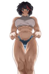 Rule 34 | 1girl, abs, alternate muscle size, ass, backlighting, bare legs, black hair, blue eyes, blush, breasts, casual, commentary, crop top, denim, denim shorts, gluteal fold, halterneck, highres, hong doo, impossible clothes, kill la kill, large breasts, looking at viewer, matoi ryuuko, micro shorts, midriff, multicolored hair, muscular, muscular female, navel, revealing clothes, short hair, shorts, sleeveless, solo, streaked hair, sweat, symbol-only commentary, symbol-shaped pupils, thick thighs, thigh gap, thighs, very sweaty