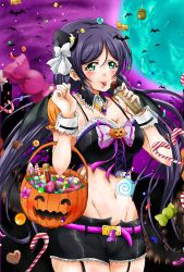 Rule 34 | 1girl, :p, bat (animal), blurry, blush, breasts, candy, candy cane, cleavage, depth of field, detached collar, food, full moon, garter straps, green eyes, groin, halloween, halloween bucket, long hair, love live!, love live! school idol project, moon, navel, purple headwear, purple sky, shogo (4274732), sky, solo, tongue, tongue out, tojo nozomi