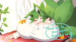 Rule 34 | 1girl, animal ears, bandage on face, bandages, bare shoulders, blush, borrowed character, breast pillow, breast rest, breasts, cleavage, closed eyes, commission, drooling, english text, flower, food, fox ears, fox tail, fruit, gigantic breasts, green hair, hand on own chest, horns, indoors, kazana (sakuto), kitsune, kotatsu, long hair, messy hair, multiple tails, off-shoulder sweater, off shoulder, open mouth, orange (fruit), original, ribbed sweater, self pillow, skindentation, sleeping, smile, solo, sweater, table, tail, tattoo, thank you, tsutsune (pyobbo), upper body, white sweater
