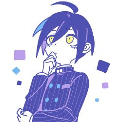 Rule 34 | 1202 koge, 1boy, ahoge, black hair, black jacket, black sleeves, buttons, closed mouth, collared jacket, commentary request, danganronpa (series), danganronpa v3: killing harmony, double-breasted, eyelashes, fingernails, hair between eyes, hand on own chin, hand on own elbow, high collar, jacket, jaggy lines, layered sleeves, light frown, long sleeves, looking ahead, male focus, pinstripe jacket, pinstripe pattern, pocket, saihara shuichi, short hair, simple background, solo, thinking, upper body, vertical-striped sleeves, white background, yellow eyes