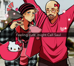 Rule 34 | 2boys, absurdres, animification, arms up, bag, bald, beanie, black headwear, blue eyes, blush, bow, breaking bad, brown hair, brown pants, closed eyes, double v, english text, facial hair, fake phone screenshot, fake screenshot, grey jacket, grin, hair bow, hat, heart, heart print, hello kitty, hello kitty (character), highres, huyandere, jacket, jesse pinkman, jewelry, long hair, long sleeves, male focus, multiple boys, o3o, outdoors, outline, pants, pink bag, pink bow, pink nails, pink shirt, plaid, plaid jacket, print shirt, ring, sanrio, selfie, shirt, shoulder bag, signature, skull print, smile, snapchat, star (symbol), stuffed animal, stuffed toy, teddy bear, unmoving pattern, upper body, v, very long hair, walter white, white outline