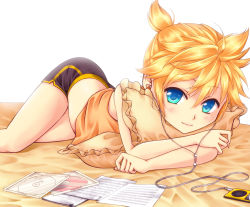 Rule 34 | 1boy, ass, blonde hair, blue eyes, cd, cd case, digital media player, earbuds, earphones, ipod, kagamine len, male focus, mio0914, hugging object, paper, pillow, pillow hug, ponytail, sheet music, shorts, smile, solo, trap, vocaloid