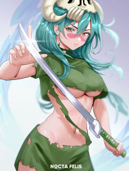Rule 34 | 1girl, absurdres, aqua hair, arrancar, bleach, breasts, brown eyes, closed mouth, facial mark, highres, holding, holding sword, holding weapon, hollow (bleach), katana, large breasts, long hair, looking at viewer, mixed-language commentary, navel, nelliel tu odelschwanck, nocta felis, serious, simple background, skull on head, solo, sword, torn clothes, underboob, weapon