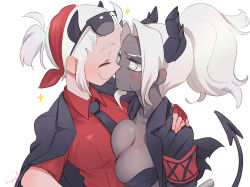 Rule 34 | 2girls, armband, artist name, black horns, blush, breast press, breasts, cleavage, closed mouth, collarbone, collared shirt, commentary request, dark-skinned female, dark skin, demon girl, demon horns, demon tail, closed eyes, eyewear on head, face-to-face, fingerless gloves, gloves, hand on shoulder, helltaker, highres, horns, jacket, jacket on shoulders, judgement (helltaker), justice (helltaker), large breasts, looking at another, medium hair, multiple girls, necktie, noah (tettsui-sole), open clothes, open jacket, ponytail, shirt, short hair, short sleeves, simple background, smile, star (symbol), sweatdrop, tail, white background, white eyes, white hair, yuri