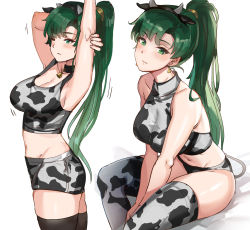 Rule 34 | 1girl, animal ears, animal print, arm behind head, arm up, armpits, asymmetrical bangs, bell, blush, breasts, cleavage, collar, cow ears, cow horns, cow print, earrings, fake animal ears, fire emblem, fire emblem: the blazing blade, green eyes, green hair, hairband, halterneck, high ponytail, highres, horns, jewelry, large breasts, long hair, looking at viewer, lyn (fire emblem), midriff, multiple views, neck bell, nintendo, one eye closed, ormille, panties, ponytail, shorts, simple background, sitting, stretching, tank top, thighhighs, underwear, very long hair, white background