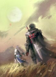 Rule 34 | 1boy, 1girl, black hair, cape, clive rosfield, emi-bianchi, evening, final fantasy, final fantasy xvi, from behind, grey hair, highres, jill warrick, long hair, low-tied long hair, standing, sun, sword, weapon, weapon on back, wheat field