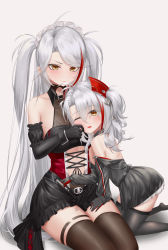 Rule 34 | 2girls, ;o, absurdres, all fours, antenna hair, azur lane, bare back, black gloves, black legwear, blush, body writing, brown eyes, cheek pinching, commentary request, cross, detached sleeves, eyes visible through hair, gloves, grey hair, hair between eyes, hair ornament, highres, ichikushi mojibake, iron cross, little prinz eugen (azur lane), long hair, long sleeves, looking at viewer, maid headdress, midriff, mother and daughter, multicolored hair, multiple girls, name connection, one eye closed, parted bangs, pinching, prinz eugen (azur lane), prinz eugen (kindred evening spirits) (azur lane), sidelocks, sitting, smile, streaked hair, two-tone hair, two side up, v-shaped eyebrows, white background