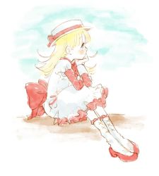 Rule 34 | 1girl, ashita no nadja, blonde hair, blue eyes, blush, bow, child, cloud, dress, dress bow, faux traditional media, flats, frilled dress, frills, hand on own face, hat, hat bow, long hair, long sleeves, looking away, nadja applefield, red bow, red dress, red footwear, sitting, socks, solo, two-tone dress, uni (u2katsu14), white background, white dress, white socks