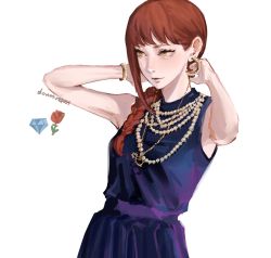Rule 34 | alternate costume, armpits, arms up, bracelet, braid, chainsaw man, dress, earrings, hands in hair, highres, jewelry, kamo (kamonegioisi), makima (chainsaw man), necklace, parted lips, pearl necklace, pochita (chainsaw man), purple dress, red hair, white background