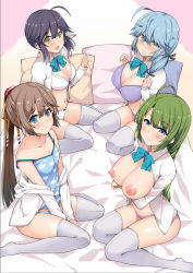 Rule 34 | 4girls, ahoge, aqua bow, aqua bowtie, arm under breasts, bad id, bad twitter id, blue eyes, blue hair, blush, bow, bowtie, bra, braid, breasts, brown hair, cleavage, cloud print, crossed bangs, gradient hair, green hair, grey legwear, hair ribbon, hamanami (kancolle), hayanami (kancolle), highres, kantai collection, kazagumo (kancolle), kusano (torisukerabasu), large breasts, long hair, long sleeves, looking at viewer, medium breasts, mole, mole under mouth, multicolored hair, multiple girls, navel, nipples, no shoes, open clothes, open mouth, open shirt, panties, pillow, ponytail, purple hair, ribbon, shirt, side ponytail, sitting, small breasts, smile, tank top, thighhighs, underwear, waving, white shirt, yellow eyes, yuugumo (kancolle)