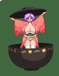 Rule 34 | 1girl, :d, alternate breast size, bowl, bowl hat, breasts, check commentary, cleavage, commentary request, curvy, green background, hat, holding, holding clothes, holding hat, huge breasts, japanese clothes, kimono, looking at viewer, lowres, namako daibakuhatsu, open mouth, panties, pixel art, purple eyes, purple hair, red kimono, short hair, simple background, smile, solo, standing, sukuna shinmyoumaru, thick thighs, thighhighs, thighs, touhou, underwear