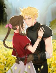 Rule 34 | 1boy, 1girl, aerith gainsborough, aqua eyes, armor, bandaged arm, bandages, bangle, belt, black pants, blonde hair, bracelet, braid, braided ponytail, breasts, brown belt, brown gloves, brown hair, cloud strife, commission, couple, cowboy shot, cropped jacket, dress, earrings, field, final fantasy, final fantasy vii, final fantasy vii remake, flower, flower field, gloves, hair between eyes, hair ribbon, hand on another&#039;s shoulder, hands on another&#039;s waist, hetero, highres, jacket, jewelry, lily (flower), long hair, looking at another, medium breasts, multiple belts, outdoors, pants, parted bangs, parted lips, pink dress, pink ribbon, red jacket, ribbon, short hair, short sleeves, shoulder armor, sidelocks, single bare shoulder, single earring, sleeveless, sleeveless turtleneck, smile, spiked hair, square enix, suspenders, swandita, turtleneck, wavy hair, yellow flower