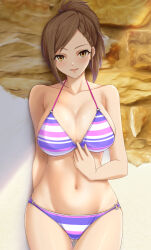 Rule 34 | 1girl, alternate costume, arm behind back, asymmetrical bangs, bikini, blush, braid, braided bangs, breasts, brown hair, cleavage, collarbone, commentary request, highres, hyodo rena, idolmaster, idolmaster cinderella girls, inou hiroaki, large breasts, looking at viewer, multicolored bikini, multicolored clothes, navel, o-ring, o-ring bikini, outdoors, ponytail, smile, solo, stomach, striped bikini, striped clothes, swimsuit