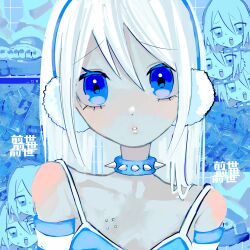 Rule 34 | 1girl, bare shoulders, blue background, blue collar, blue eyes, blue theme, chibi, chibi inset, collar, earmuffs, hair between eyes, highres, charm (object), leg warmers, long hair, looking at viewer, original, parted lips, photo background, piercing, platform footwear, portrait, spaghetti strap, spiked collar, spikes, straight-on, straight hair, toes, urokogaran, white hair, window (computing)