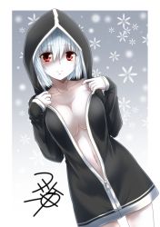 Rule 34 | 10s, 1girl, abyssal ship, black jacket, breasts, collarbone, hair between eyes, hayase ruriko (yua), jacket, kantai collection, large breasts, long sleeves, open clothes, open jacket, pale skin, red eyes, short hair, signature, smile, solo, white hair, yua (checkmate), zipper