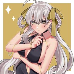 Rule 34 | 1girl, ahoge, akio (akio1124), bare shoulders, bb dubai (fate), bb dubai (fate) (cosplay), black dress, blush, bracelet, braid, braided hair rings, breasts, center opening, cleavage, cosplay, dress, fate/grand order, fate (series), grey hair, hair ribbon, hair rings, highres, jeanne d&#039;arc alter (avenger) (fate), jeanne d&#039;arc alter (fate), jewelry, large breasts, long hair, looking at viewer, necklace, ribbon, solo, twin braids, very long hair, yellow eyes, yellow ribbon