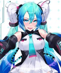 Rule 34 | 1girl, adapted costume, aqua eyes, aqua hair, aqua necktie, bare shoulders, breasts, detached sleeves, double-parted bangs, dress, framed breasts, gradient hair, hair between eyes, hair tubes, hatsune miku, high collar, imminent hug, kanimiso (mikoki), long bangs, looking at viewer, medium breasts, multicolored hair, necktie, open mouth, reaching, reaching towards viewer, simple background, smile, solo, vocaloid