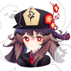 Rule 34 | 1girl, black hat, black jacket, blush, brown hair, closed mouth, commentary, cropped torso, flower, flower-shaped pupils, flower knot, genshin impact, ghost, hair between eyes, hat, hat flower, hu tao (genshin impact), jacket, long hair, looking at viewer, plum blossoms, porkpie hat, portrait, red eyes, red shirt, rumi (rarumi11), shirt, simple background, smile, solo, symbol-shaped pupils, tassel, twintails, white background