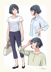 Rule 34 | 1girl, bag, black footwear, black hair, blue pants, closed mouth, dated, hand on own hip, highres, holding, holding bag, horikou, long sleeves, multiple views, pants, parted lips, profile, red eyes, shima saki, shirt, shoes, short hair, short sleeves, signature, smile, white shirt, yurucamp