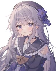 Rule 34 | 1girl, absurdres, blush, chain, choker, closed mouth, collarbone, doll joints, dress, flower, frilled dress, frills, grey hair, hair between eyes, hair flower, hair intakes, hair ornament, hair over shoulder, hairband, head tilt, herta (honkai: star rail), highres, honkai: star rail, honkai (series), jewelry, joints, key, key necklace, lock, long hair, long sleeves, looking at viewer, neckerchief, necklace, off shoulder, parted bangs, purple choker, purple eyes, purple neckerchief, roku 6, sidelocks, solo, wide sleeves