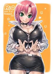 Rule 34 | 10s, 1girl, 2016, amania orz, breasts, character name, cleavage, croupier, dated, green eyes, large breasts, looking at viewer, midriff, miniskirt, navel, panties, pantyshot, pencil skirt, pink hair, rio rollins, shiny clothes, short hair, skirt, smile, solo, super blackjack, tecmo, underwear