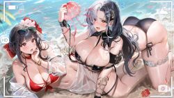 2girls alice_vu ass battery_indicator bikini black_hair breasts camera cleavage eyewear_on_head flower goddess_of_victory:_nikke hair_flower hair_ornament highres huge_breasts jellyfish jewelry large_breasts long_hair looking_at_viewer multicolored_hair multiple_girls official_alternate_costume red_bikini red_eyes red_flower rosanna_(chic_ocean)_(nikke) rosanna_(nikke) sakura_(bloom_in_summer)_(nikke) sakura_(nikke) split-color_hair sunglasses swimsuit taking_picture thick_thighs thighs viewfinder white_hair