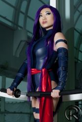 Rule 34 | cosplay, katana, marvel, photo (medium), psylocke, purple hair, standing, sword, weapon, x-men, yaya han