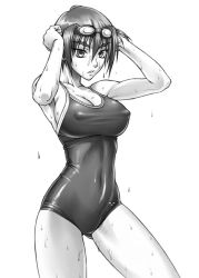 Rule 34 | 1girl, bang-you, breasts, covered erect nipples, goggles, greyscale, kashiwagi azusa, kizuato, large breasts, monochrome, one-piece swimsuit, simple background, solo, swimsuit, wet