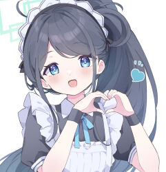 Rule 34 | 1girl, :d, ahoge, aris (blue archive), aris (maid) (blue archive), black hair, blue archive, blue eyes, blush, halo, heart, heart hands, highres, long hair, looking at viewer, maid, maid headdress, mola mola, official alternate costume, open mouth, ponytail, smile, solo
